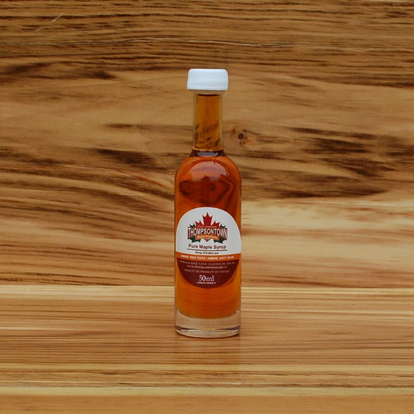 50 mL Glass "Whiskey" bottle of Pure Thompsontown Maple Syrup-Product of Ontario Canada