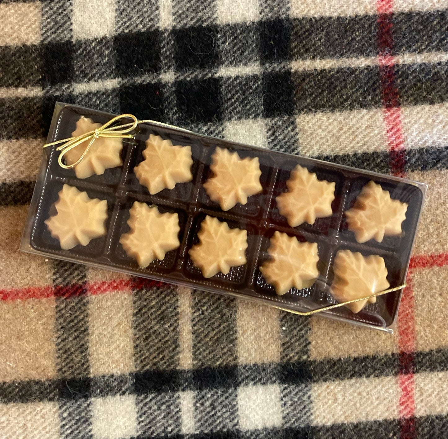 Ten maple sugar candy in a clear topped plastic box with brown tray. Sealed with a gold ribbon
